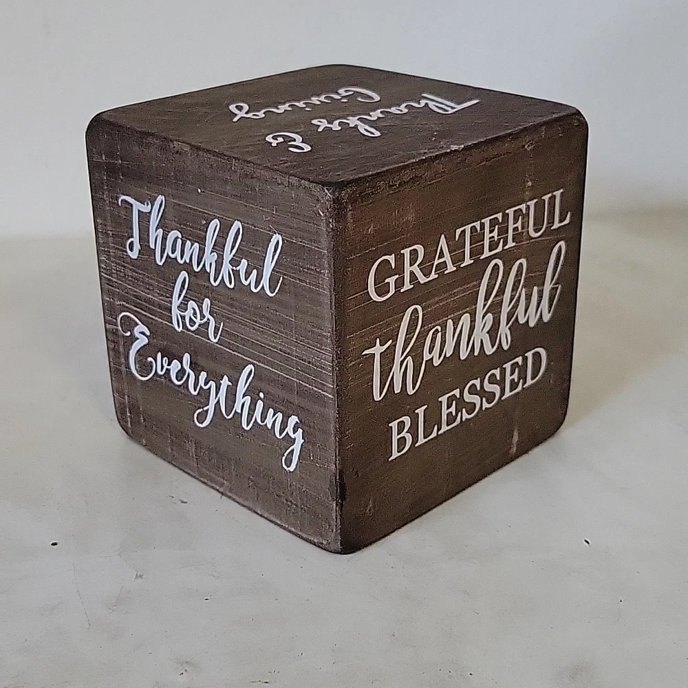 Rustic brown with white Thanksgiving Inspirational quote wood cube decor